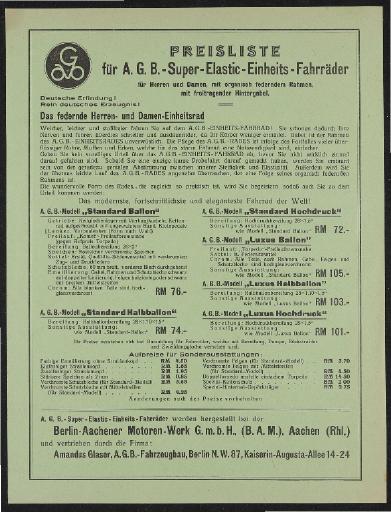 A.G.B. Super-Elastic-Fahrräder Preislisten 1932