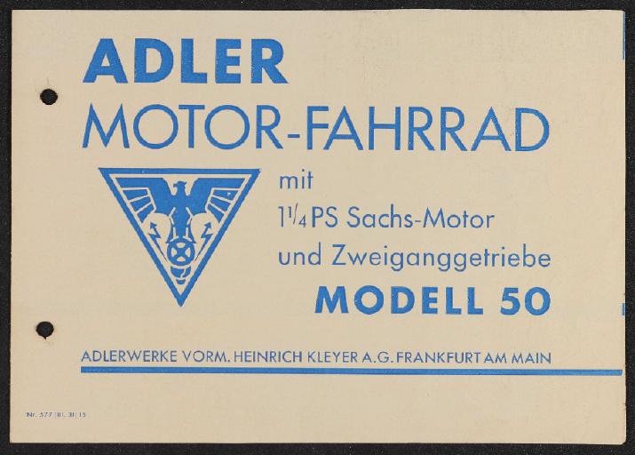 Adler Motor-Fahrrad Modell 50 Faltblatt 1931