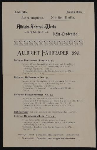 Allright-Fahrrad-Werke Georg Sorge Händlerpreisliste  1899