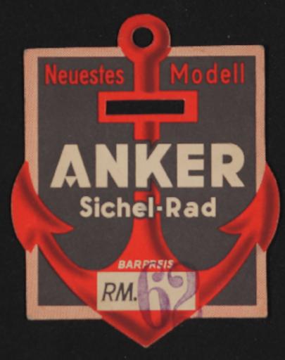 Anker Sichel-Rad Preisschild 1930er Jahre