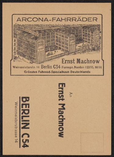 Arcona Fährrader Ernst Machnow Berlin Bestellkarte 20er Jahre