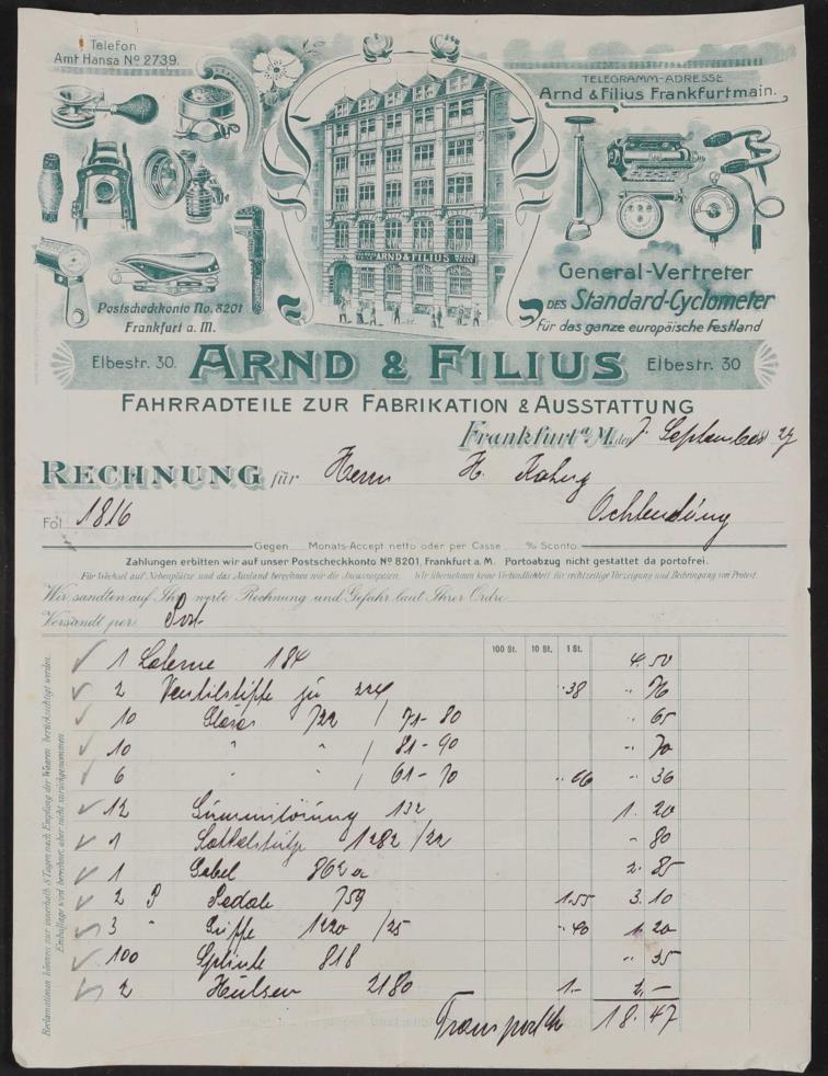 Arnd u. Filius Fahrradteile, Rechnung 1927