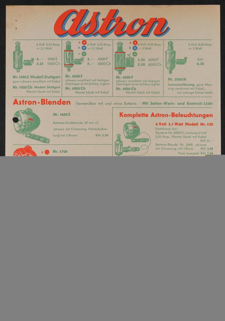 Astron Beleuchtung Werbeblatt 1930er Jahre