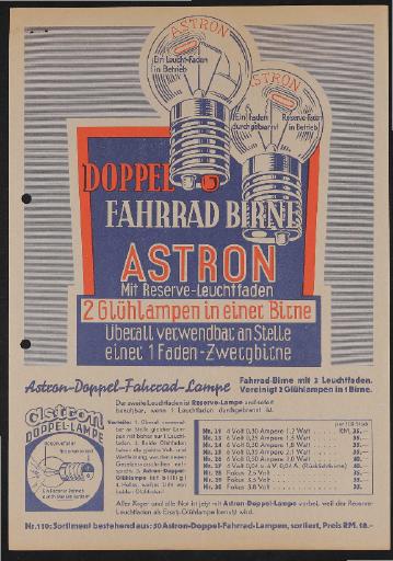 Astron Doppel Fahrrad Birne Werbeblatt 1930er Jahre