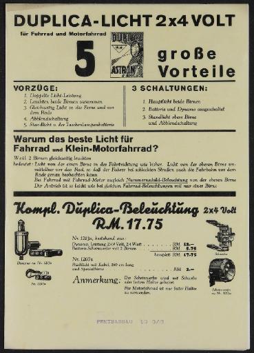 Astron Duplica-Licht Werbeblatt 1930er Jahre