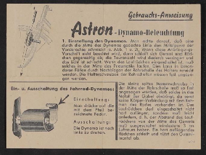 Astron Dynamo-Beleuchtung Gebrauchsanweisung 1930er Jahre