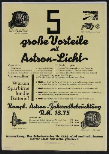 Astron Fahrradbeleuchtung Werbeblatt 1931