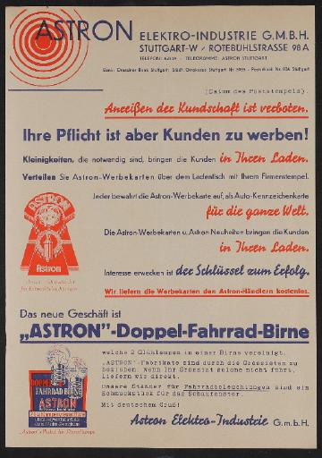 Astron Händlerinformation 1930er Jahre