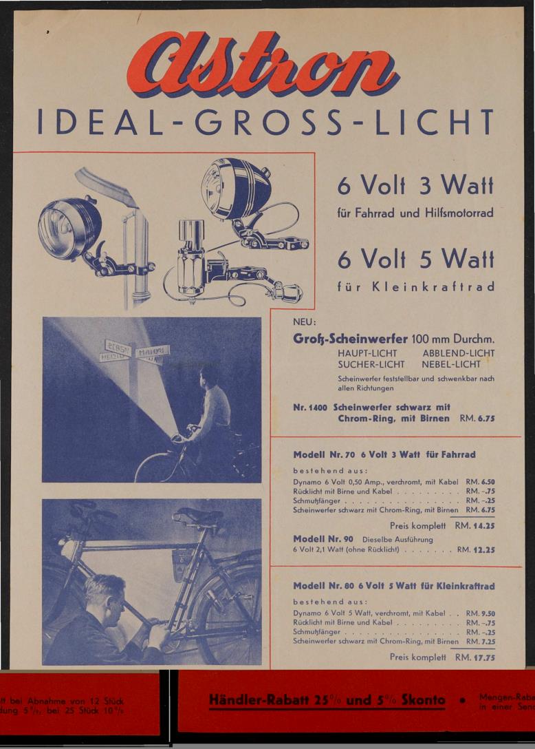 Astron Ideal-Gross-Licht Werbeblatt 1930er Jahre