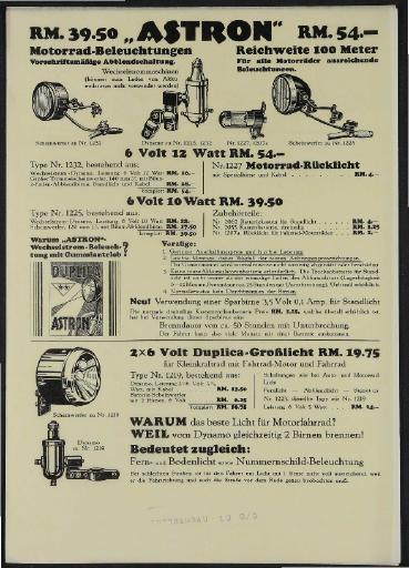 Astron Motorrad-Beleuchtungen Werbeblatt 1930er Jahre
