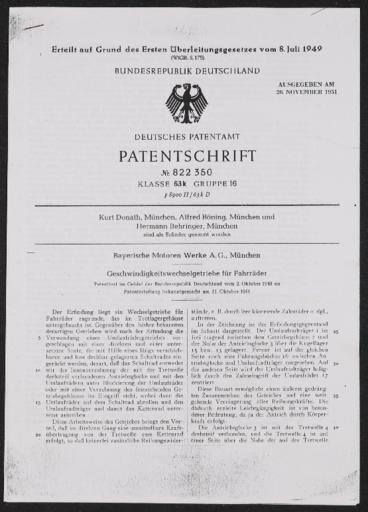 BMW Geschwindigkeitswechselgetriebe für Fahrräder Patentschrift 1949
