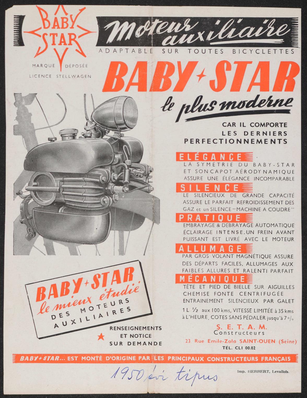 Baby Star Moteur auxiliaire Zeitungsanzeige 50er Jahre