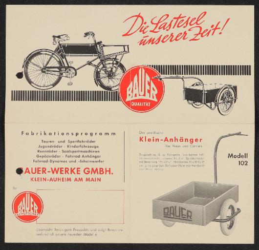 Bauer Transportrad Fahrradanhänger Faltblatt 1950er Jahre