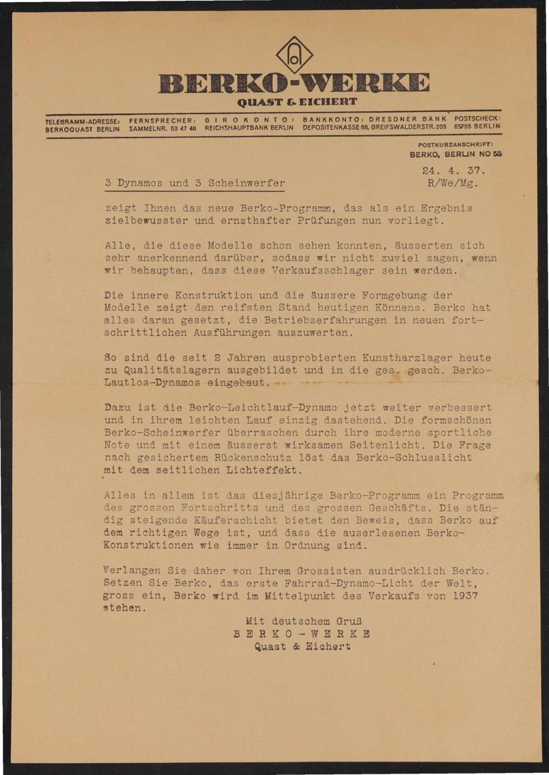 Berko Fahrradlicht Händlerschreiben und Werbeblatt 1937