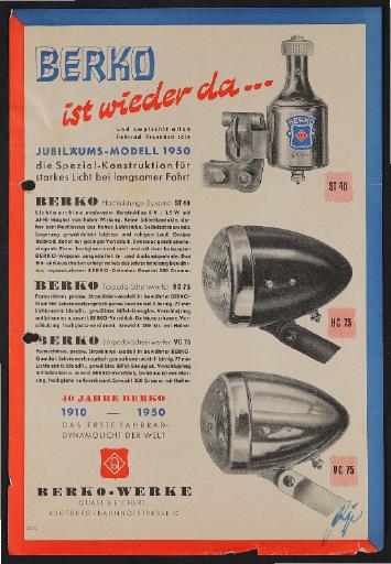 Berko Fahrradlicht Jubiläums-Modell Werbeblatt 1950