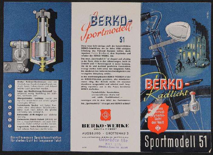 Berko Fahrradlicht Sportmodell Werbeblatt 1951