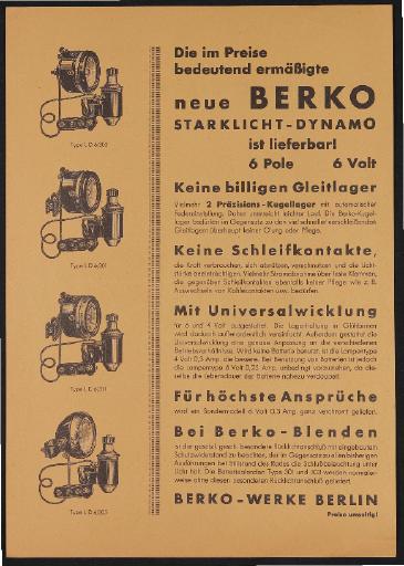 Berko Starklicht-Dynamo Werbeblatt 1933