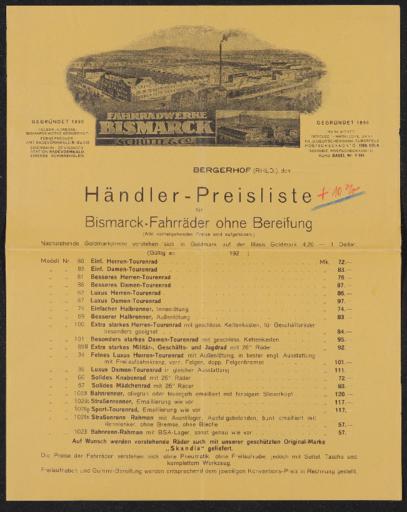 Bismarck Fahrradwerke Preisliste 1925