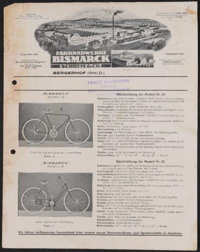Bismarck Fahrradwerke Schütte Co. Faltblatt 1920er Jahre