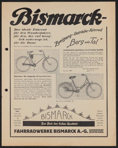 Bismarck-Zweigang-Getriebe-Fahrrad Werbeblatt 1937