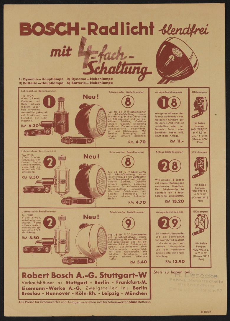 Bosch Radlicht mit 4 fach Schaltung Werbeblatt 1930er Jahre