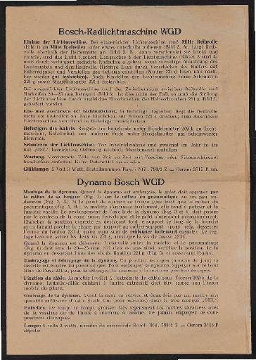 Bosch Radlichtmaschine WGD Infoblatt (mehrsprachig) 1939