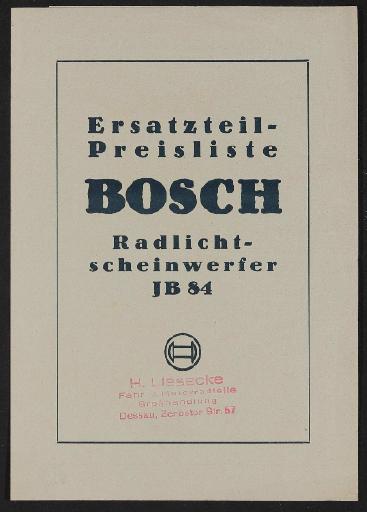 Bosch Scheinwerfer JB 84  Ersatzteil- Preisliste 1934