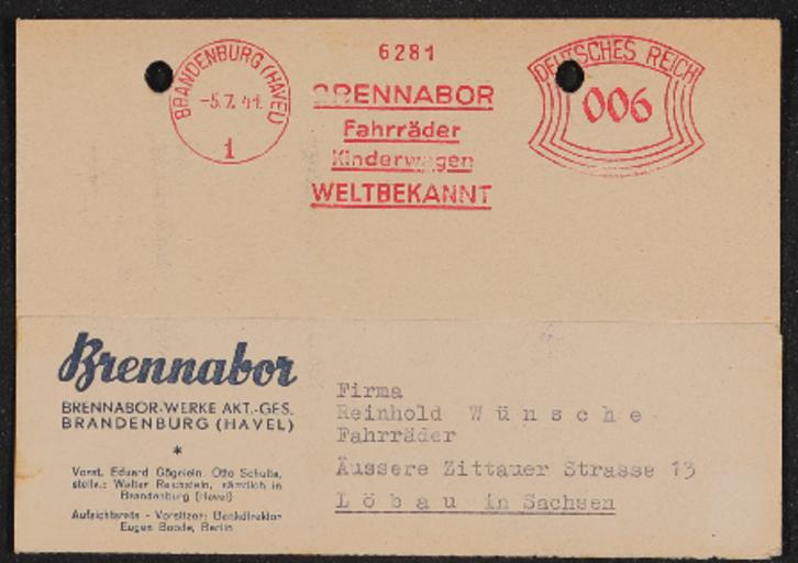 Brennabor Händler Postkarte Bereifungszuteilung 1941