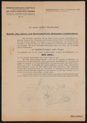 Brennabor Leichtkraftrad Händlerrundschreiben 1930