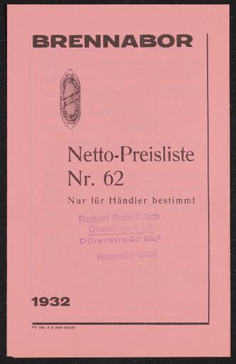 Brennabor Netto-Preisliste Nr. 62 1932