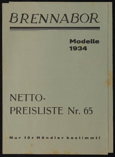Brennabor Netto-Preisliste Nr.65 1934