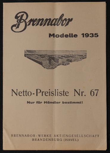 Brennabor Nettopreisliste Nr.67 1935