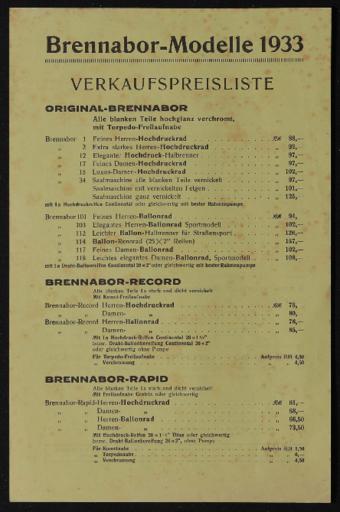 Brennabor-Modelle 1933 Verkaufspreisliste 1933