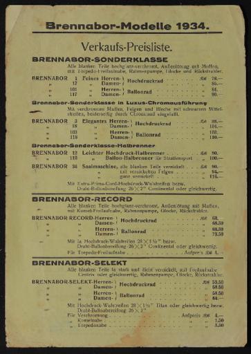Brennabor-Modelle 1934 Verkaufspreisliste 1934
