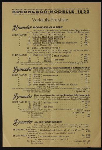 Brennabor-Modelle 1935 Verkaufspreisliste 1935
