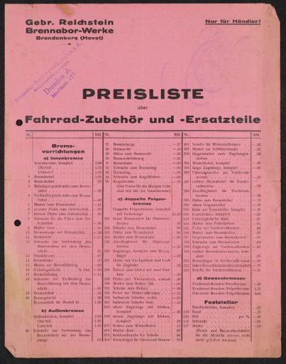 Brennabor-Werke Preisliste Ersatzteile 1930er Jahre