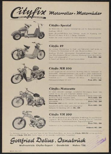 Cityfix Delius Osnabrück Motorroller Motorräder Werbeblatt 50er Jahre