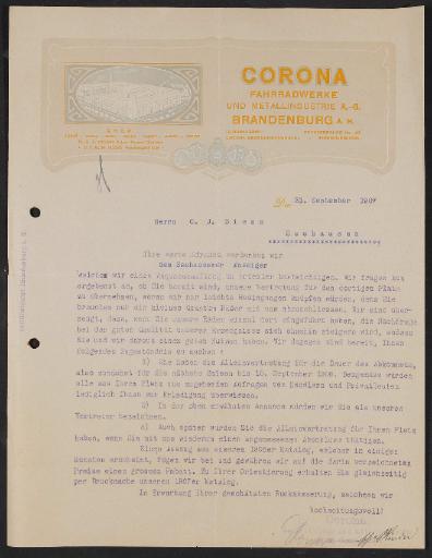 Corona Fahrradwerke, Anfrageschreiben 1907