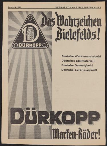 Dürkopp Annonce im Radmarkt und Reichsmechaniker 1930er Jahre