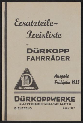 Dürkopp Fahrräder Ersatzteile-Preisliste 1933