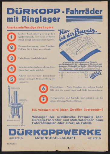 Dürkopp Fahrräder mit Ringlager Werbeblatt 1930er Jahre