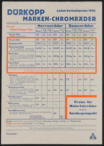 Dürkopp Marken-Chromräder Preisliste 1935