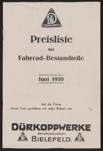 Dürkopp Preisliste für Fahrrad-Bestandteile 1930