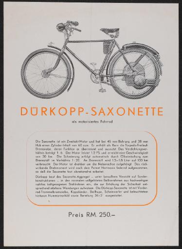 Dürkopp-Saxonette als motorisiertes Fahrrad Werbeblatt 30er Jahre