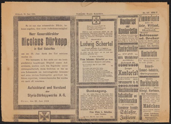 Nicolaus Dürkopp Todesanzeige 1918