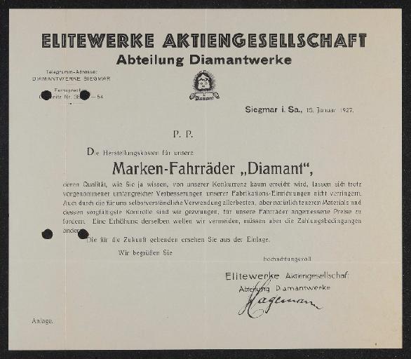 Diamant Anschreiben Preisliste 1927