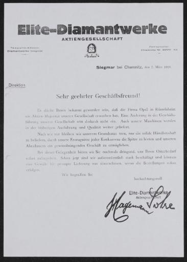 Diamant Elite-Diamantwerke AG Händlerbrief Übernahme durch Opel 1928
