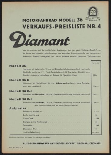 Diamant Elite-Diamantwerke AG Preisliste Motrofahrrad Modell 36 1937