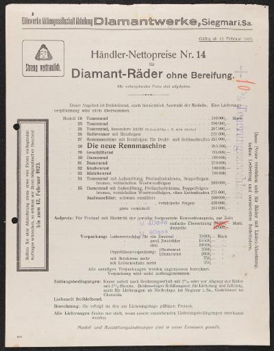 Diamant Händler-Nettopreise Nr. 14 Preisliste 1923