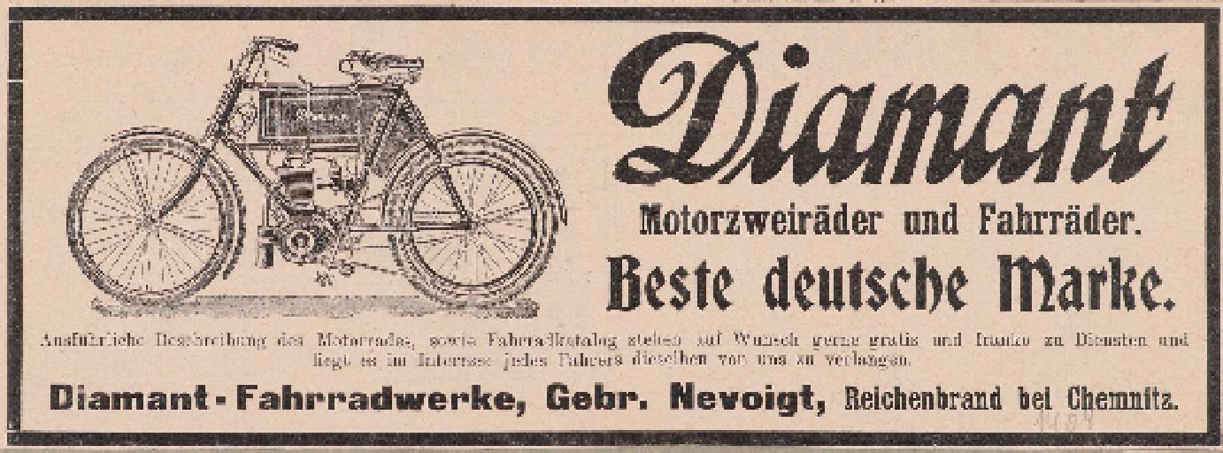 Diamant Motorzweiräder und Fahrräder Anzeige 1904